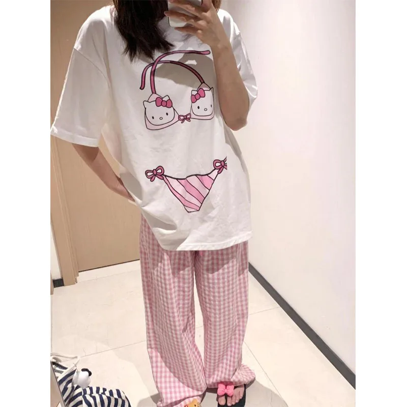 

Kawaii Cute Sanrio Hellokitty Pajamas Summer Bikini Printed Short Sleeved T-Shirt+Pink Checkered Pants Two-Piece Set Girl Gift