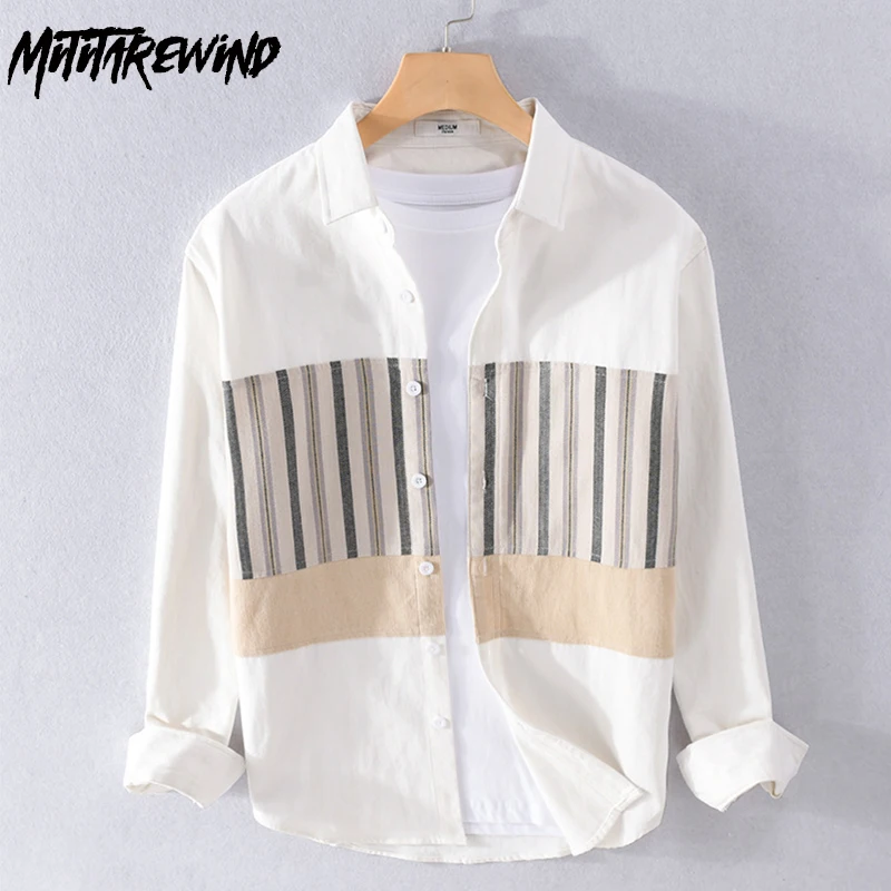 

Japanese Fresh Men's Long Sleeve White Shirt 100% Cotton New in Shirts Streetwear Fashion Shirt Patchwork Striped Design Shirt