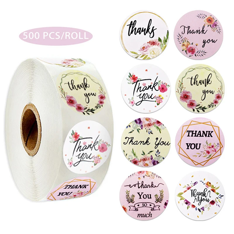 500pcs/roll 2024 Flowers Heart THANK YOU Adhesive Stickers Scrapbooking Stationery Cake Biscuit Baking Sealing Labels Gift Kids