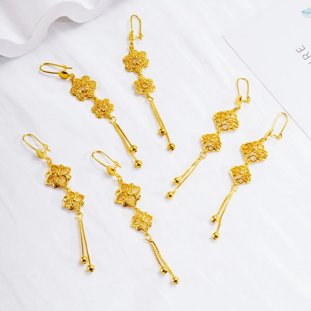 9999 gold long tassel earrings - Middle East Dubai jewelry - bridal earrings