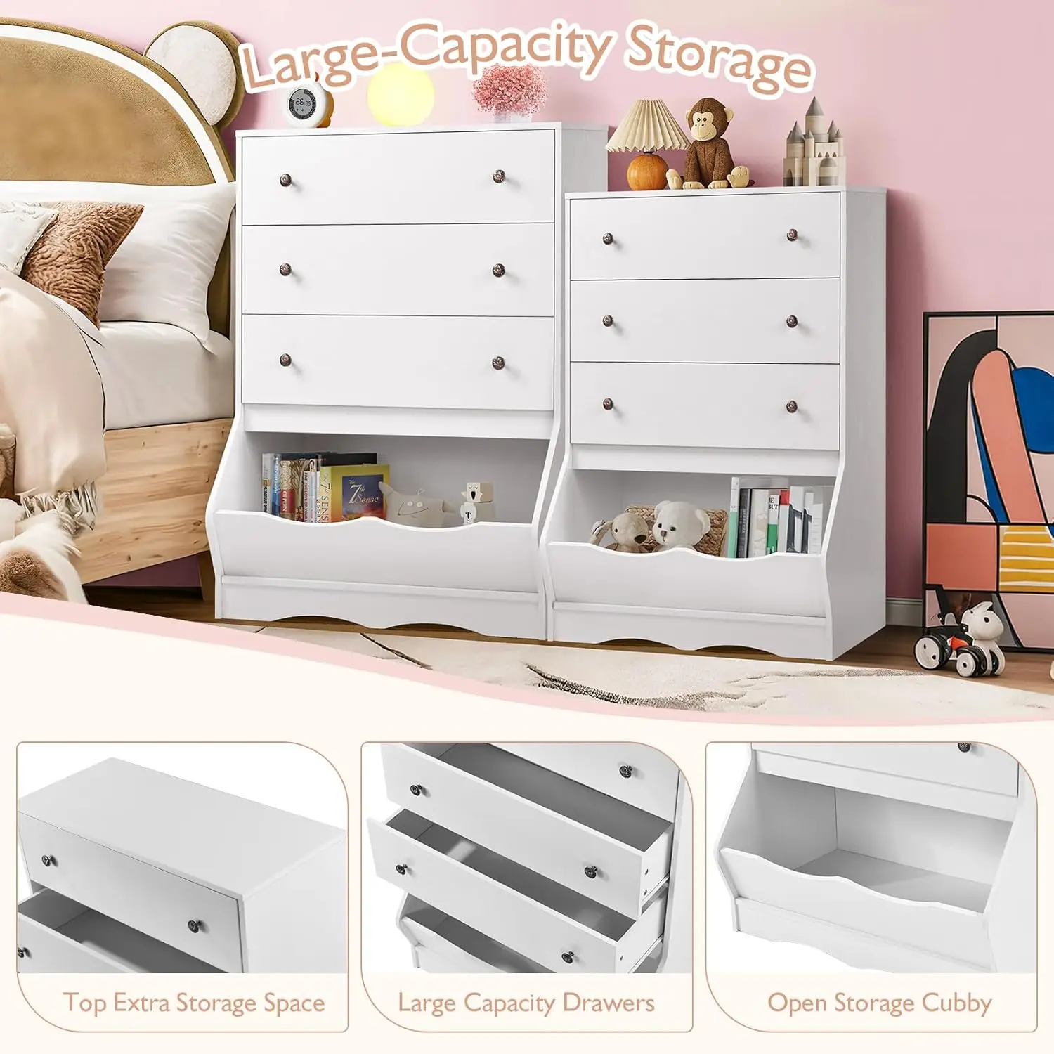 Comò per bambini per camera da letto, cassettiera a 3 cassetti, cassettiera per bambini alta, cassettiera per bambini per camera da letto, organizer per riporre cubetti, cassettiera per giocattoli Dr