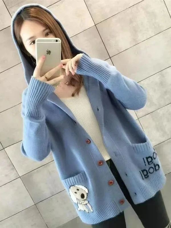 

Корейский женский вязаный свитер, весенне-осенний свободный повседневный толстовка с капюшоном, открытый кардиган с эффектом похудения, моющийся