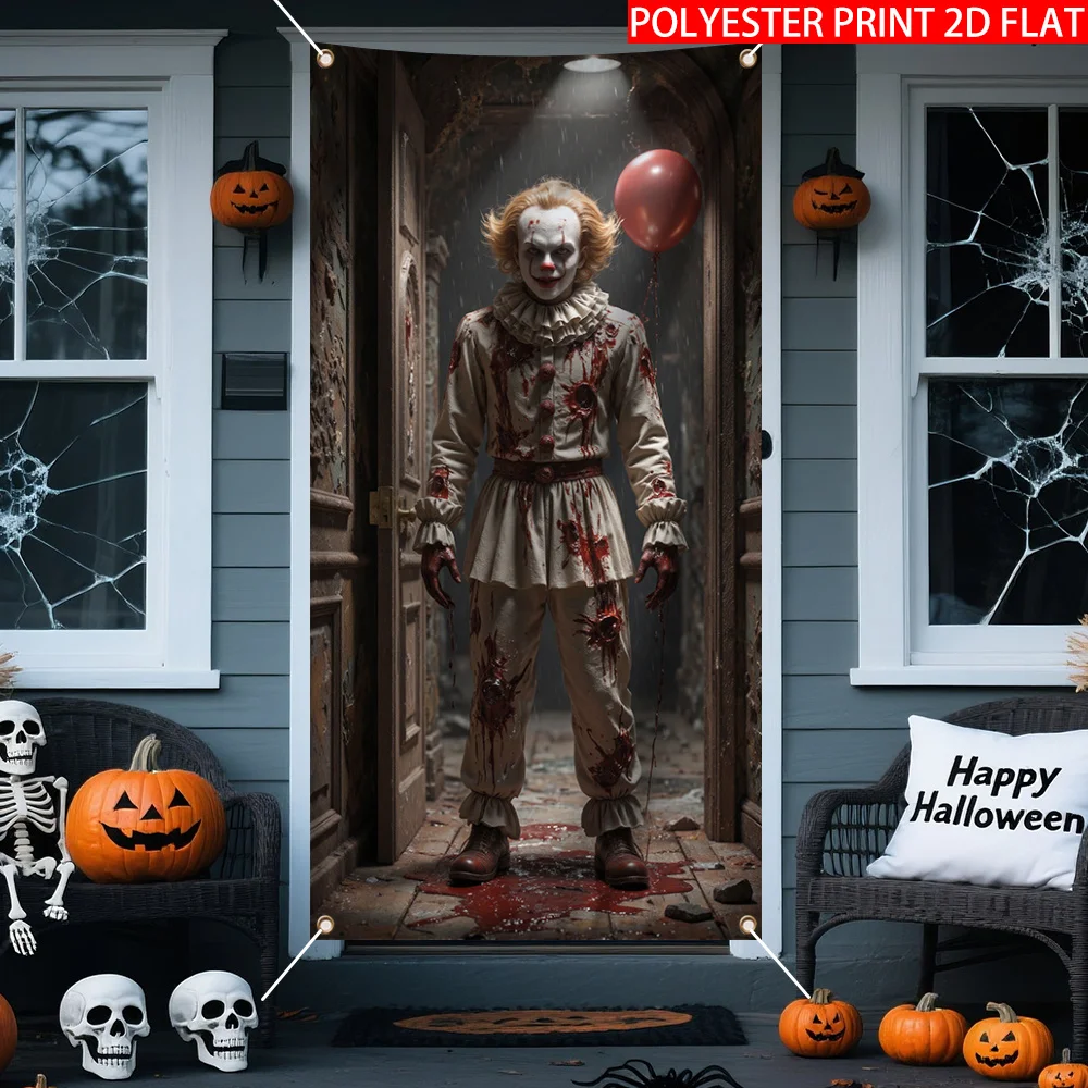 2D door curtain banner, 1 piece Halloween horror clown bloody wizard hat design front door wall window decoration view 5