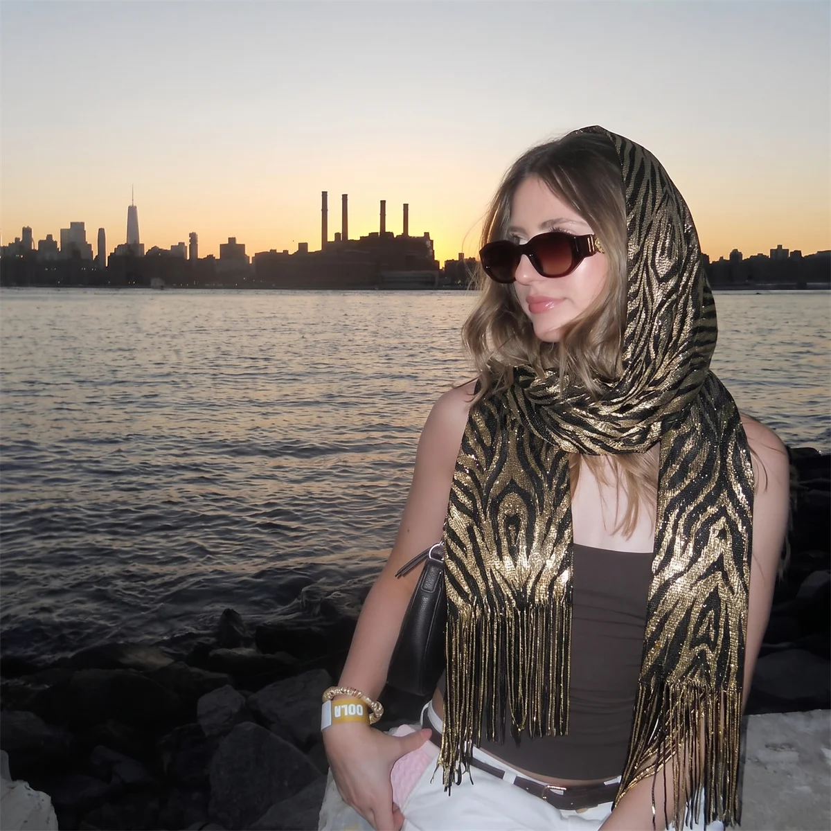 Y2K Glitter Metallic Tassel Scarf Zebra Stripe Slim Neck Wrap Shiny Mesh Headband Shawl for Lady Rave Festival Street Outfit