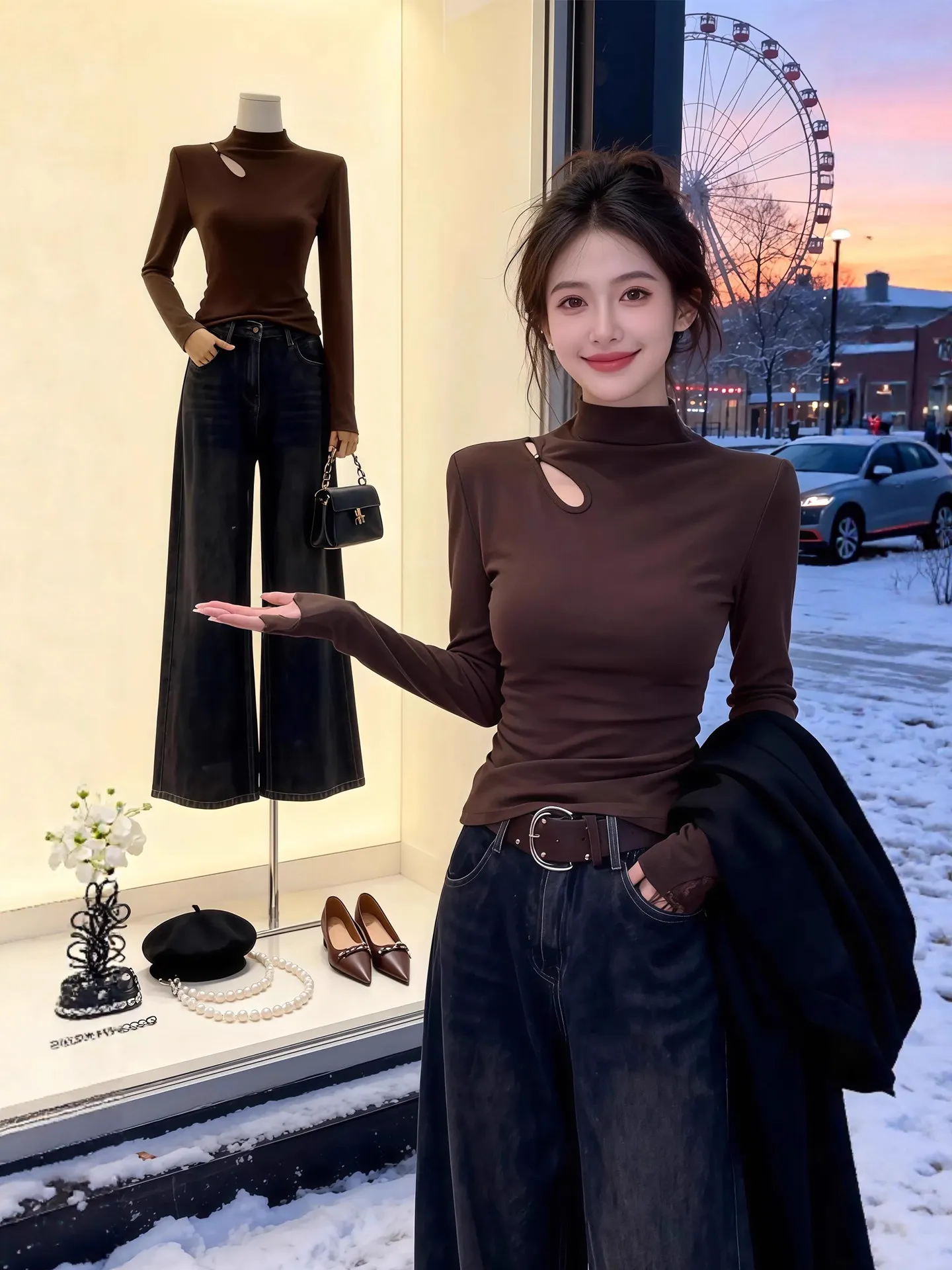 تي شيرت نسائي بقصة ضيقة طويلة Sve ملابس داخلية تصميم مفرغ عائم قاعدة بياقة عالية irt خريف وشتاء فايون