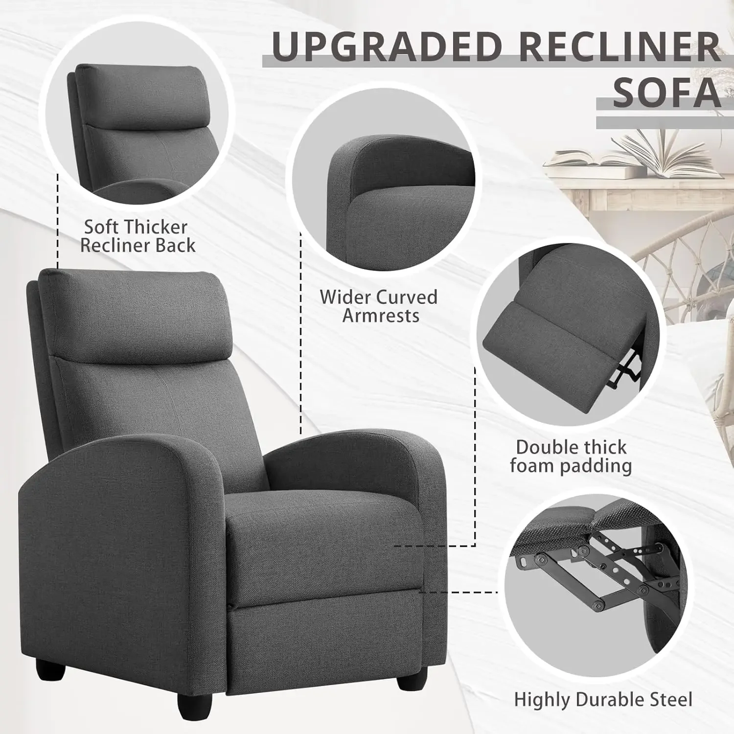 Recliner Chair Adjustable Home Theater Single Recliner Sofa Furniture with Thick Seat Cushion and Backrest Modern Living