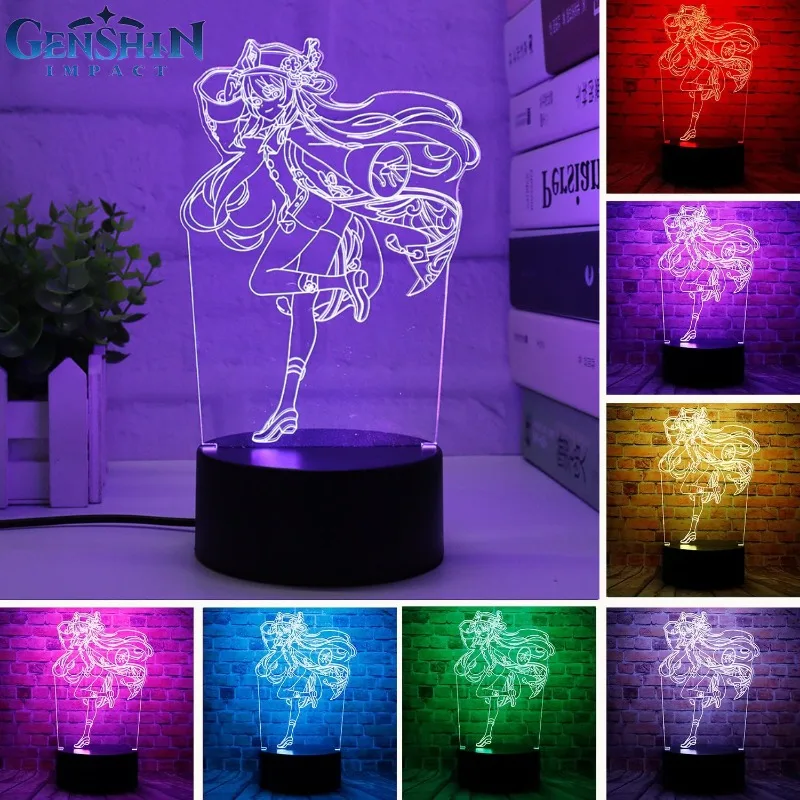 Genshin Impact 3D LED Night Lights Anime Figure Aether Lumine Hu Tao Keqing Klee Qiqi Desk Lamps Kids Kawaii Bedroom Decoration