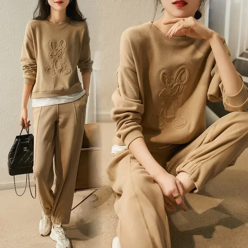 

Two Piece Sets Women Full Sleeve Round Neck Solid Tops Casual Loose Splice Regular Elastic Waist Long Pants Set 2023 Autumn