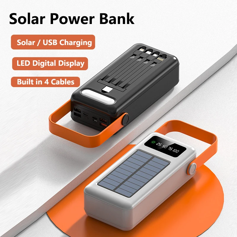 

Solar Power Bank 50000mAh Built in Cable Portable Charger External Battery Pack for iPhone 15 14 Samsung Huawei Xiaomi Powerbank