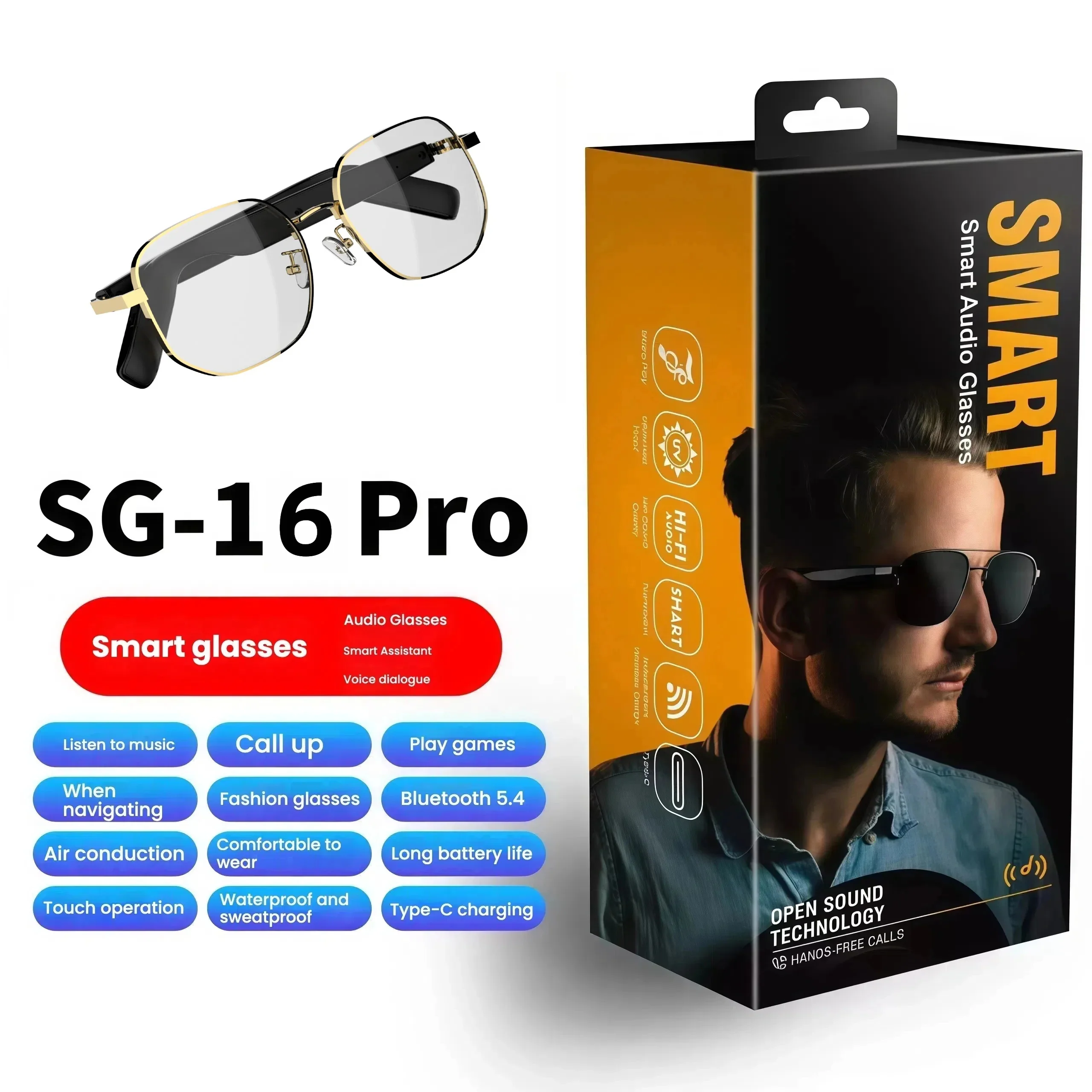 

Беспроводные умные очки SG16 Pro с модным дизайном, встроенным микрофоном, УФ-линзами, легкой оправой, Bluetooth 5.4, 80 + 80 мАч