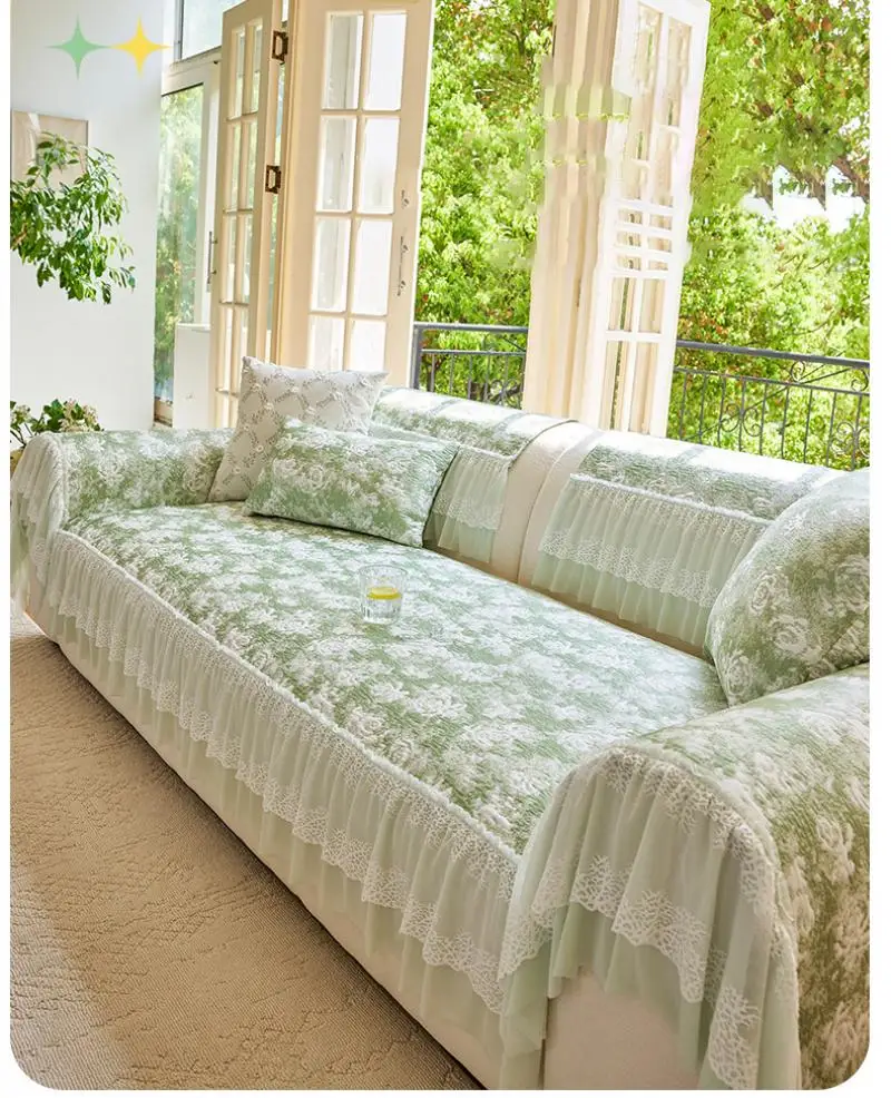 Sommerlicher, hautfreundlicher Sofabezug aus Eisseide mit Spitzenbesatz – Kühlender, atmungsaktiver Strick-Sofa-Sitzbezug – Detail 3