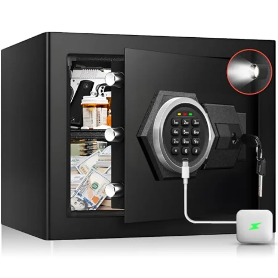 

Огнестойкий домашний сейф - стальной сейф с цифровым кодовым замком, резервным питанием Type-C и сенсорной подсветкой, сейф с ключевым замком для безопасности