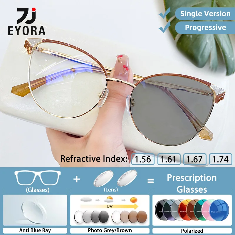 

EYORA Fashion Metal Skinny Face Cat Eye Reading Glasses Myopia Eyewear Hyperopia Anti Blue Ray Progressive Photochromic Eyewear