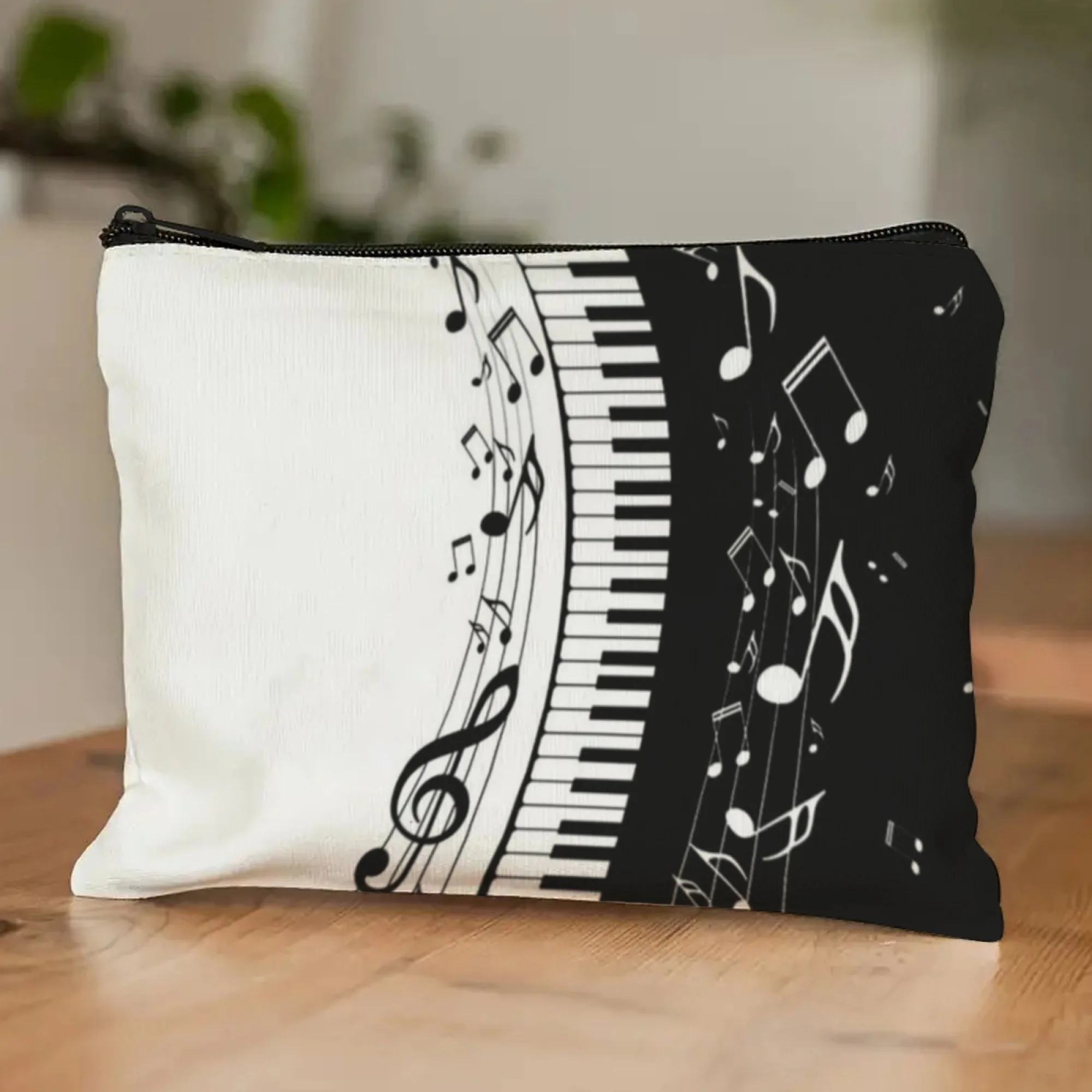 Minimalist Inspire Music Cosmetic Pouch Sleek Canvas Bag with Piano & Notes Design for Daily or Travel Use Concert Outings