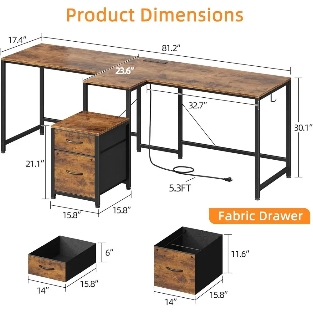 Rustic Brown 81.2 Dual Gaming Desk with Power Outlet, LED & Friction Drawers for Home Office