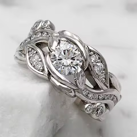 New Aesthetic Leaf Finger Ring Lady Silver Color Round Zirconia Crystal Jewelry for Engagement Bridal Wedding Accessories