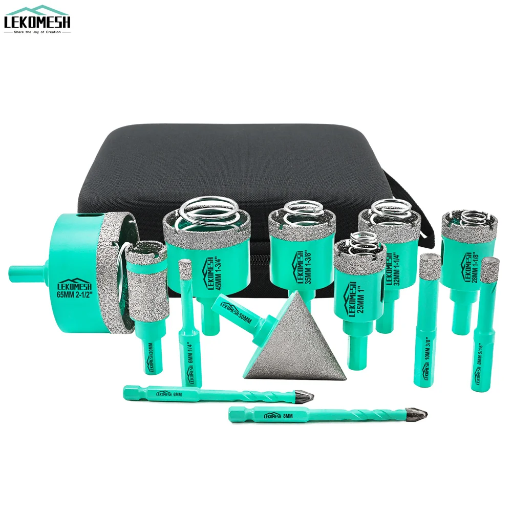 LEKOMESH 11Pcs Diamond Drill Bits Sets 6-65mm Triangle Shank Ceramic Tile Porcelain Marble Diamond Core Drilling Chamfer Bit Kit