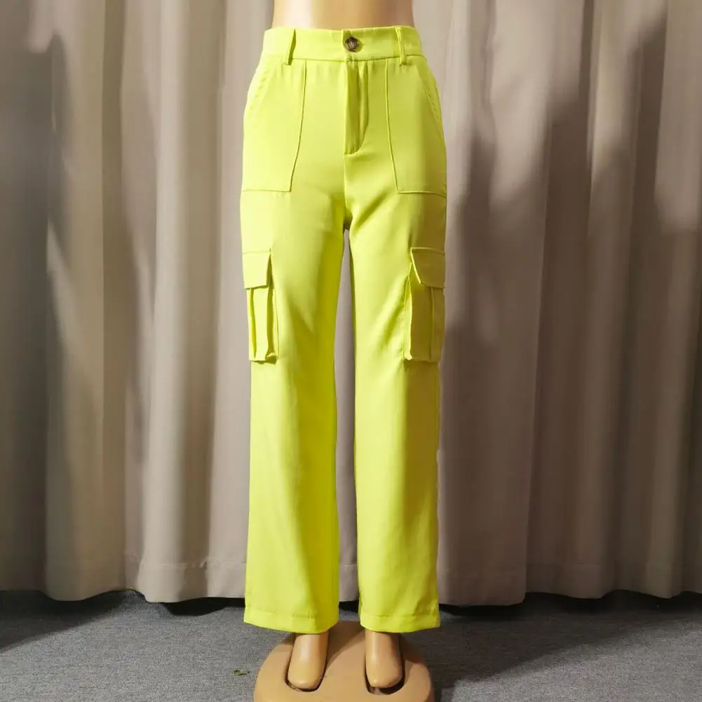 กางเกงเย็บกระเป๋าเสริมความแข็งแรง กางเกงสีทึบ กางเกงคาร์โก้เอวสูงสำหรับผู้หญิงมีสไตล์พร้อมกระดุมเพื่อความทนทาน