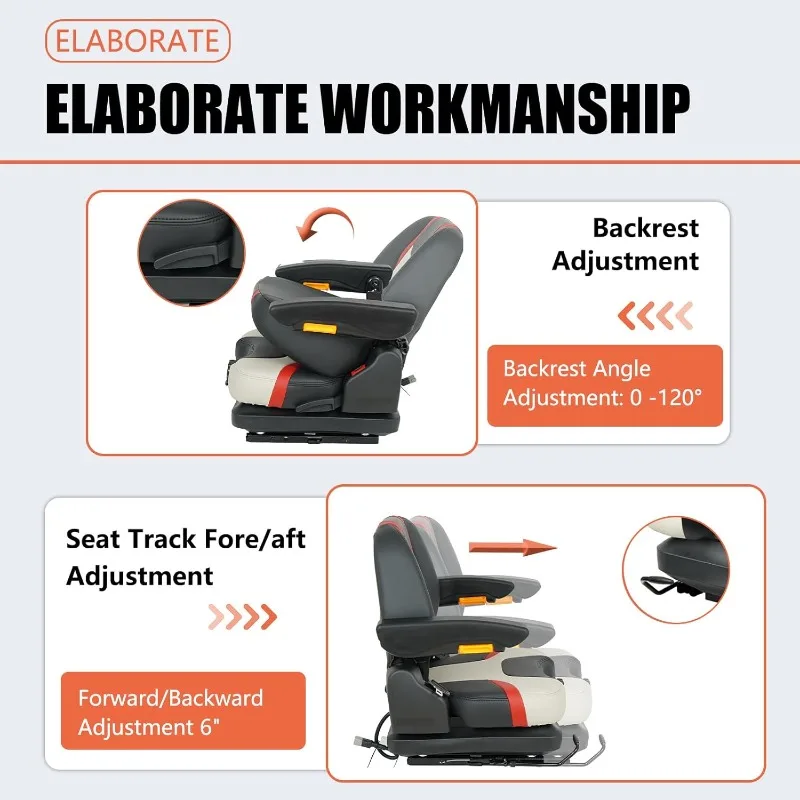 Asiento de suspensión para tractor, cortacésped bajo con respaldo alto, respaldo ajustable y rieles deslizantes, amortiguador de reposabrazos resistente