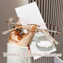 Stylish Female Trendy Reading Glasses Fashion High Definition Hyperopia Eyewear Men Women Diamond Rimless Far Sight Eyewear+4.0