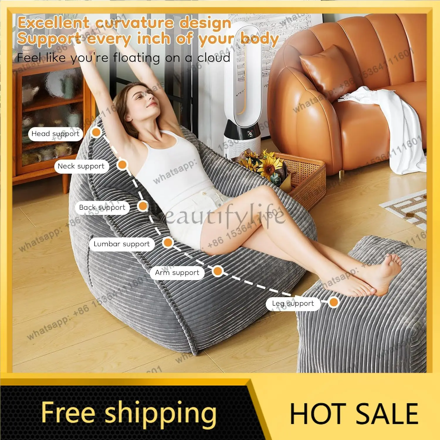 LJY Vacuum-Compressed Corduroy Large Bean Bag Chair with Footrest, Memory Foam & EPS Beads Filling, Lazy Sofa for Living Room