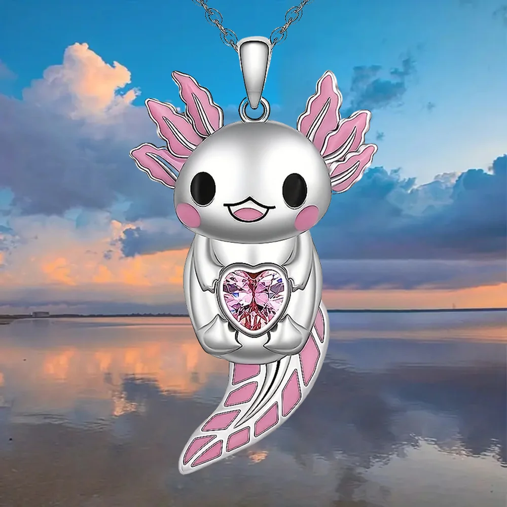 1pc Cute Trendy Axolotl Shining Heart Shape Zirconia Pendant Necklace, Perfect Holiday Gift Anniversary Party Gifts, Jewelry,