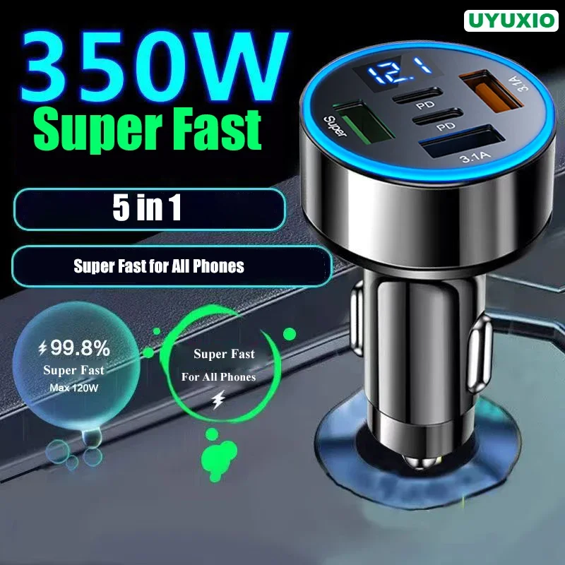 UYUXIO 5 in 1 USB Car Phone Charger Adapter with Voltage Display Dual PD Port Super Fast Charge for iPhone Samsung Huawei OPPO