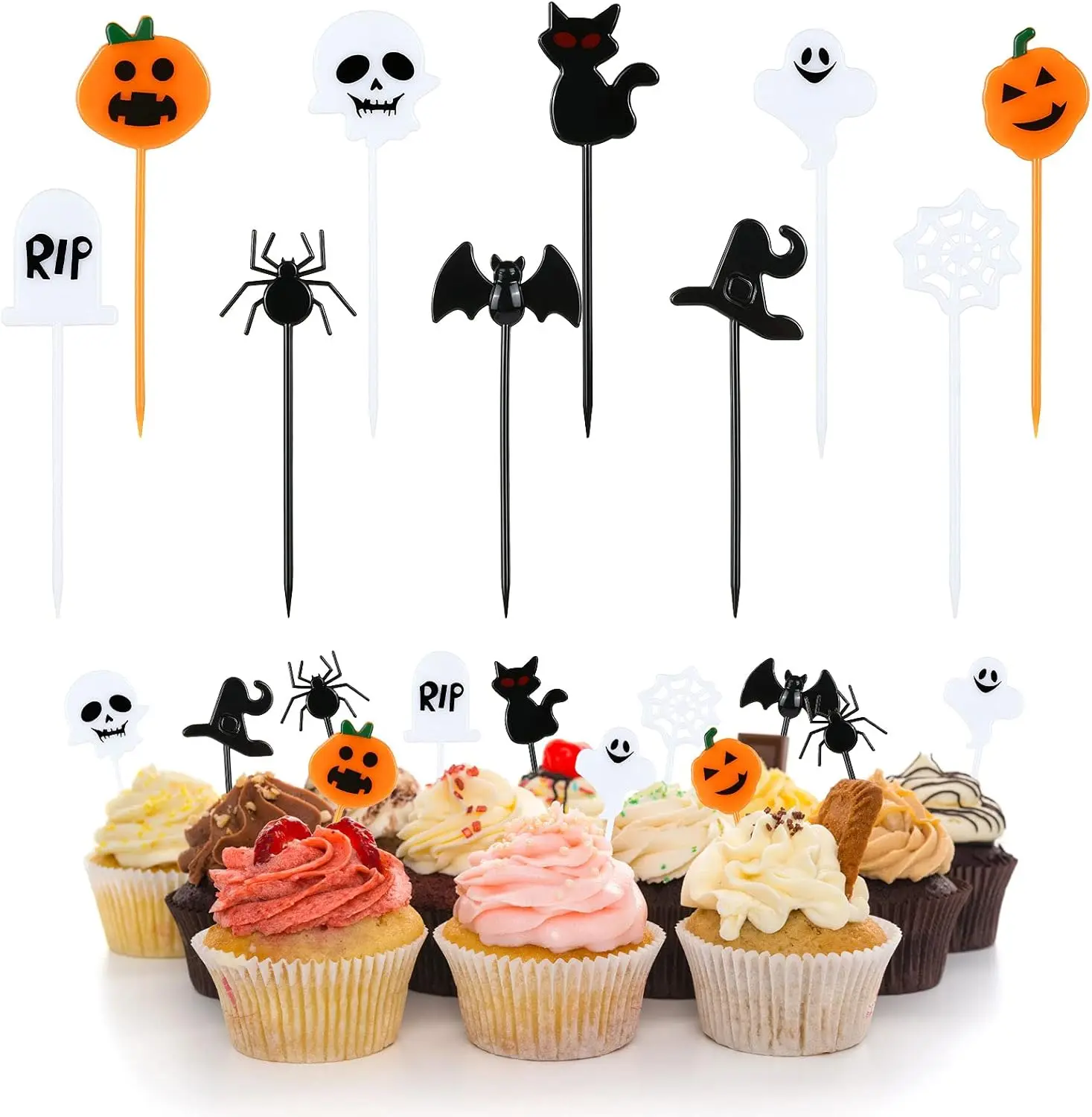 

100PCS Halloween Toothpicks for Food, Plastic Food Cocktail Appetizer Picks Cupcake Toppers for Halloween Baby Shower Birthday W