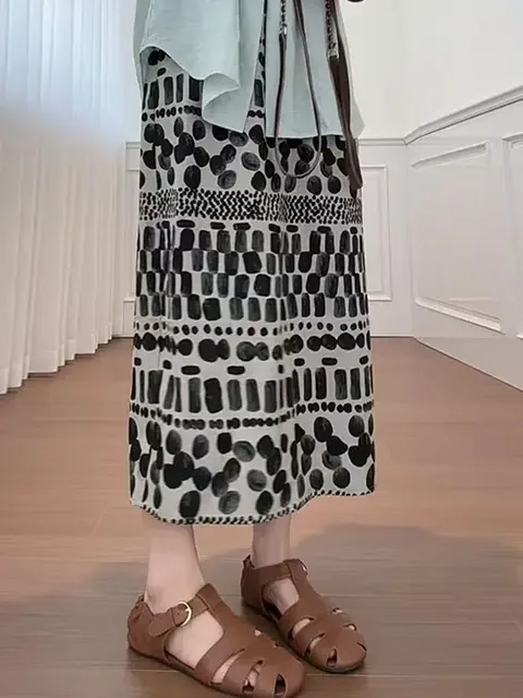 Drucken Lose Rock Elastische Taille A-line Jupe Vintage Sommer Röcke Chic Koreanische Saia 2025, Faldas Mujer De Moda frauen Kleidung