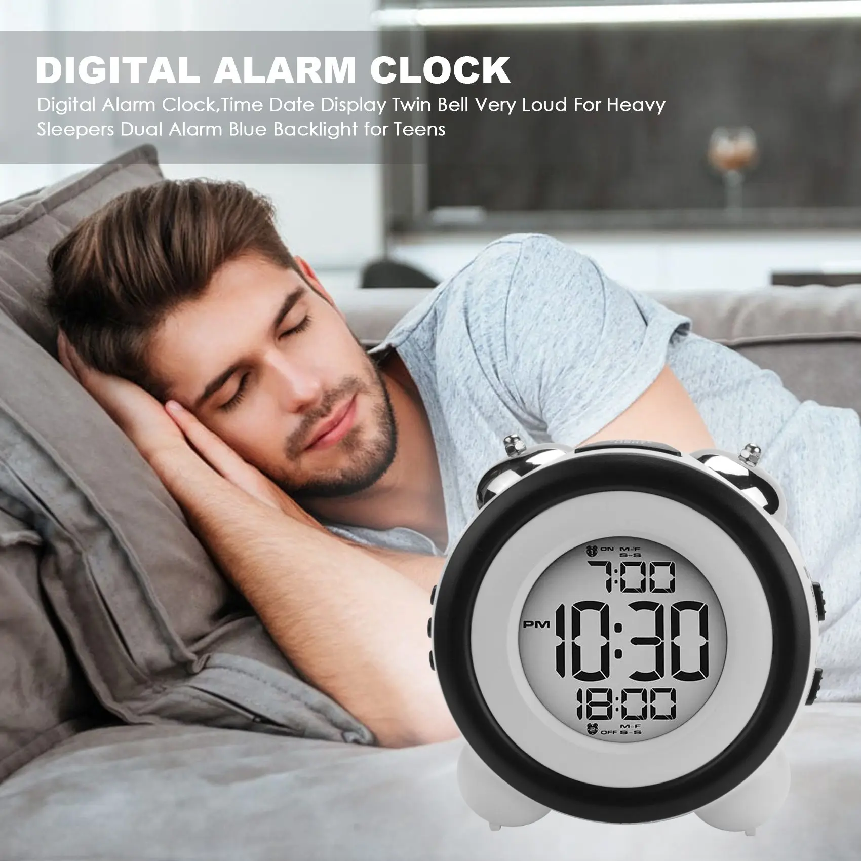 Imagem -04 - Despertador Duplo Digital com Luz de Fundo Azul para Adolescentes Data de Hora Twin Bell Muito Alto para Dormentes Pesados