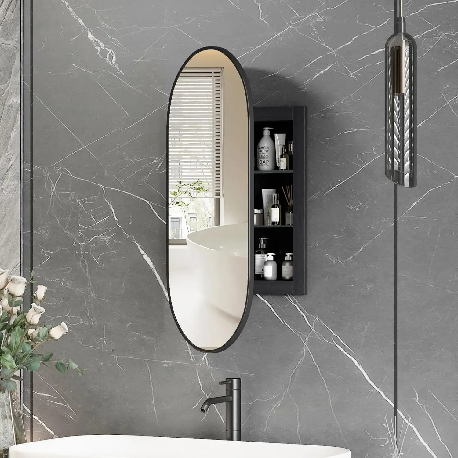 

Oval Medicine Cabinet Mirror Black Recessed Wall Mounted 3 Storage Metal Edge 16x31Inch, Customized