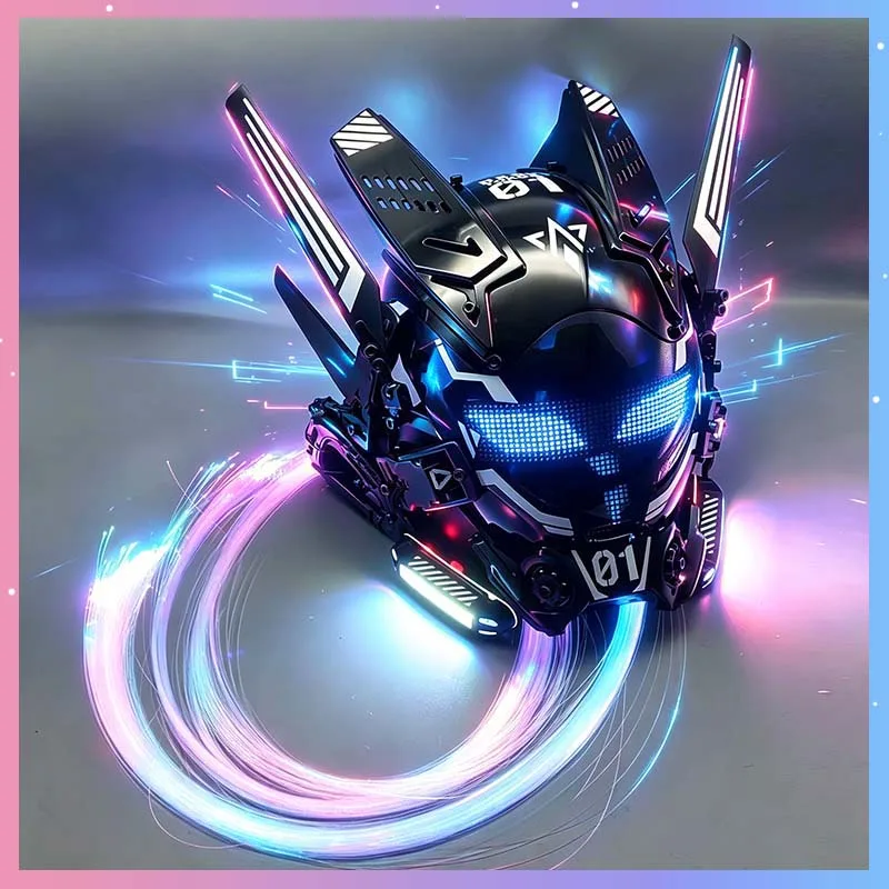 

Cyber Punk Mask Sci-Fi Mech Warrior 01 Mask Cosplay Costumes With LED White Screen And Glowing Braid Halloween Party Coser Props