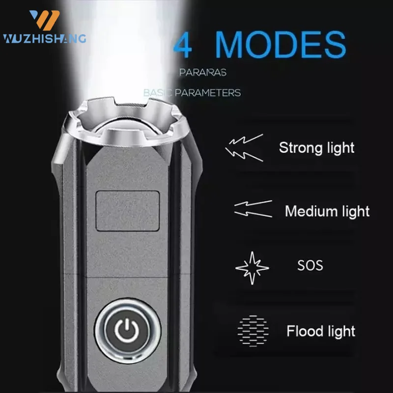 Strong Light Tactical Flashlight Outdoor Camping Multifunctional Lantern USB Rechargeable Light 4 Modes with Side Lights Torch