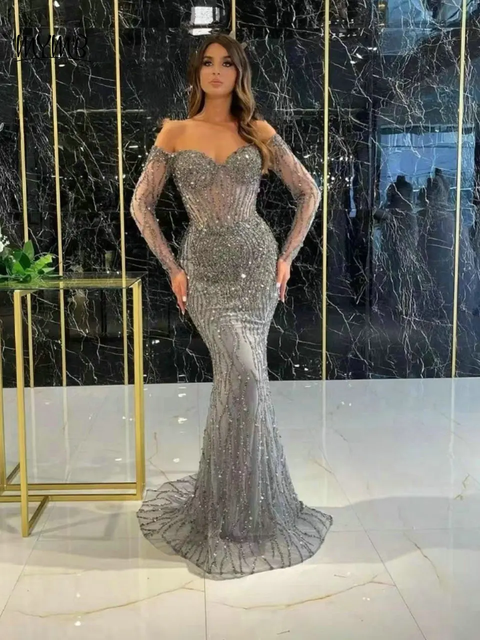 

MYMB Silver Stunning Beaded Strapless Mermaid Formal Occasion Dresses Elegant Off Shoulder Long Sleeves Evening Prom Party Gowns