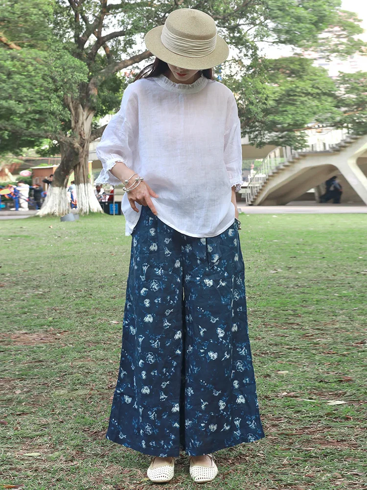 

Ele Loose Women's irt Bla White Musoom Collar 00% Flax Faionable Top French Sle Five Sve Regular Length