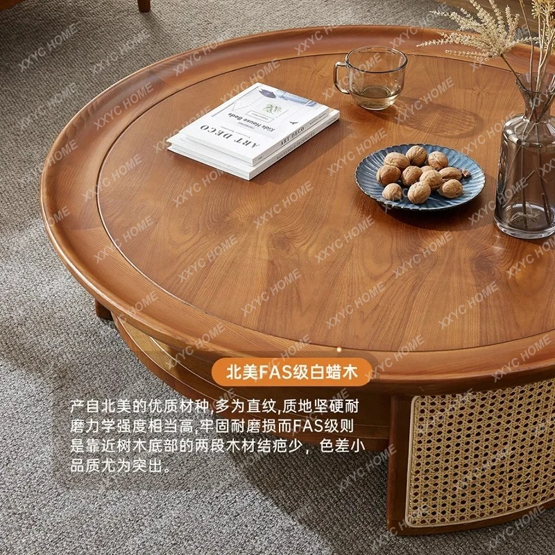 A  style round rattan coffee table Modern simple medium and ancient style solid wood corner table