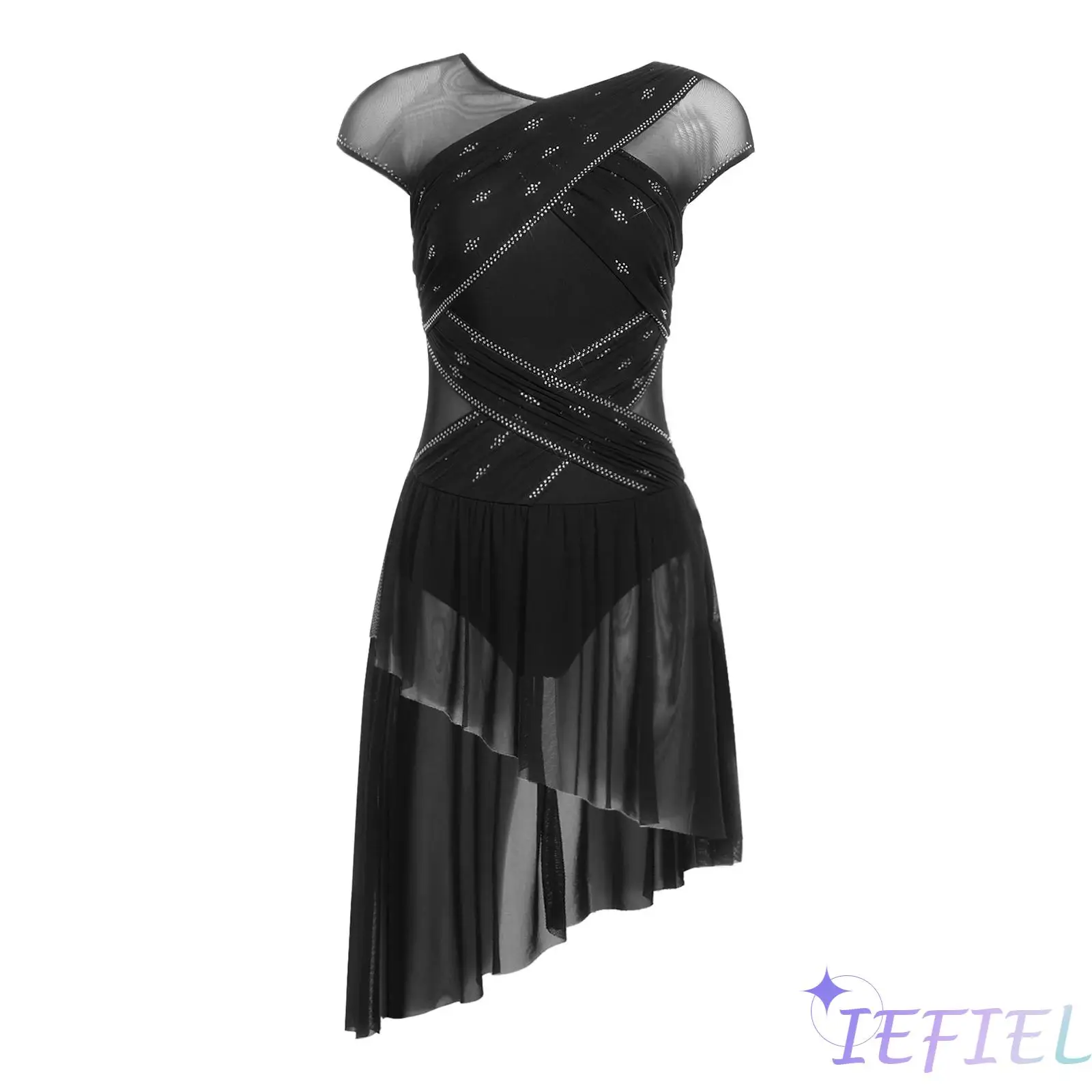 Women Professional Competition Lyrical Leotard Dress Mesh Inserts Glittering Latin Dance Outfit for Gymnastics Ballet Dance Show