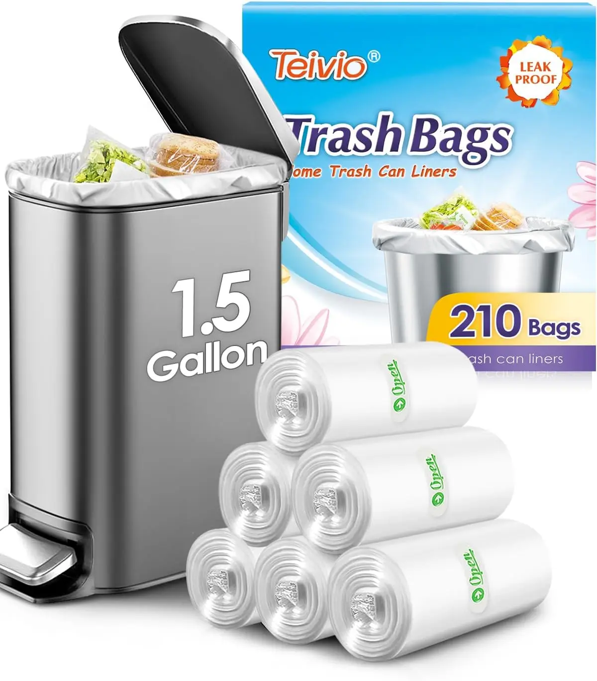 

1.5 Gallon 210 Counts Small Trash Bags, Clear Garbage Liners for Bathroom Kitchen Office