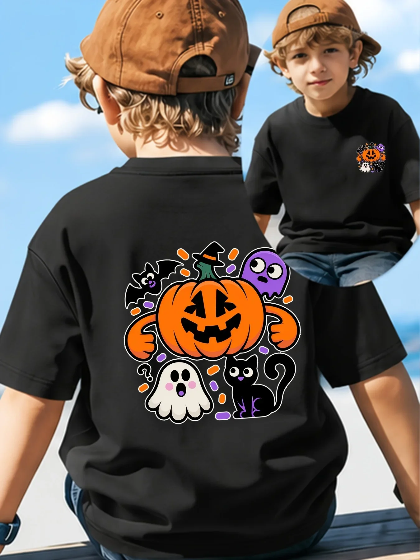 Kids Boys Girls Family Matching T Shirt Halloween Pumpkin Ghost Black Cat Bat Front Back Print Short Sleeve Crew Neck Tops