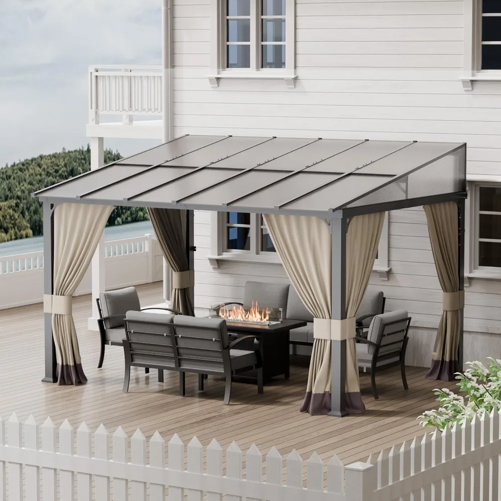 10x12FT Gazebo, Hardtop Wall Mounted Gazebo with Sloping Sun Panel Roof, Awnings for Patio with Metal Frame