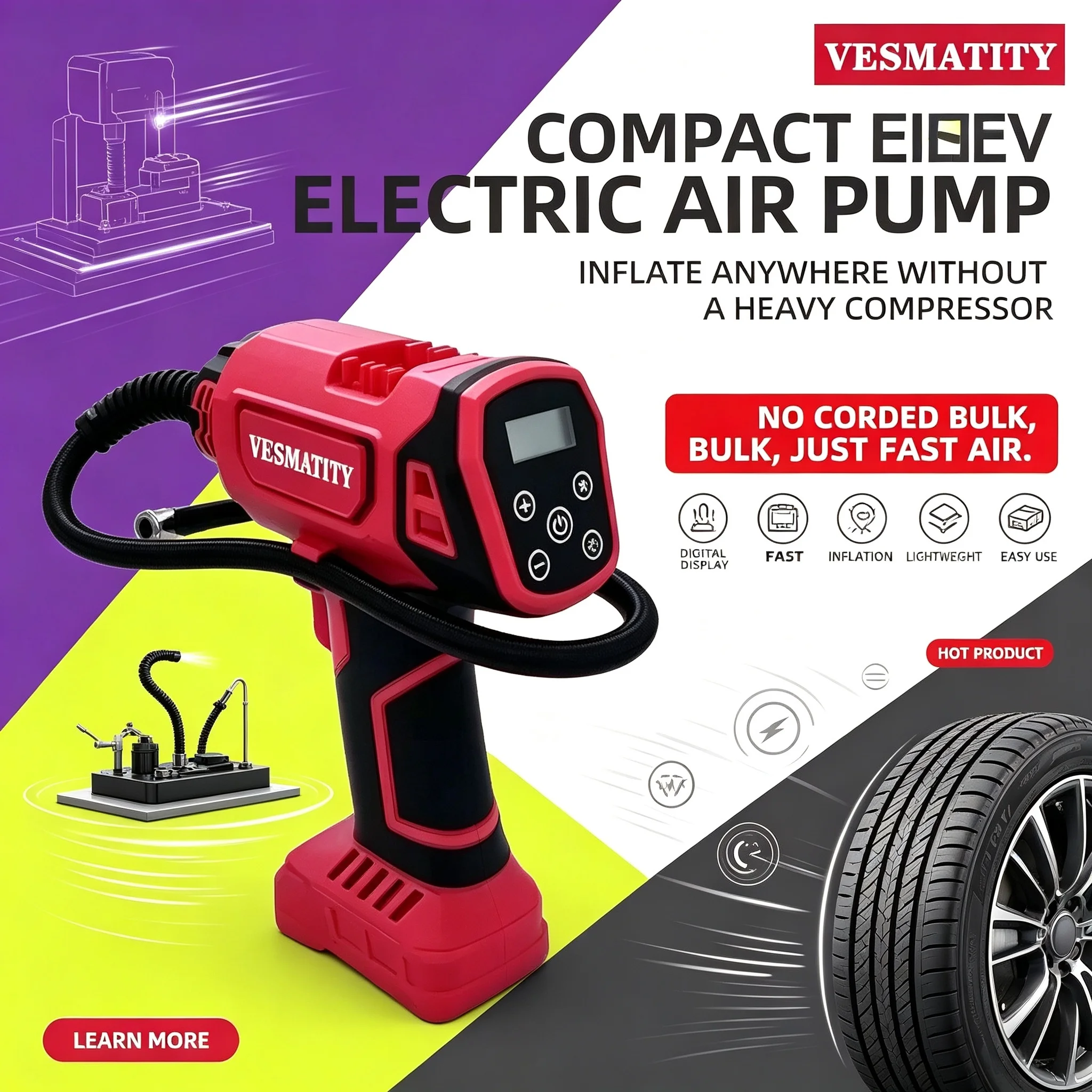 Battery 18V Cordless Electric Air Pump Car Tire Automatic Inflator Handheld Air Compressor Rechargeable