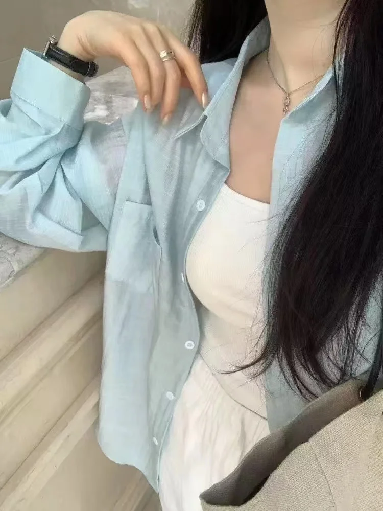 Blue Lightweight Chiffon Shirt Women's Summer  Collar Long Sleeve Air Conditioning Transparent Cover up Casual Loose Fit