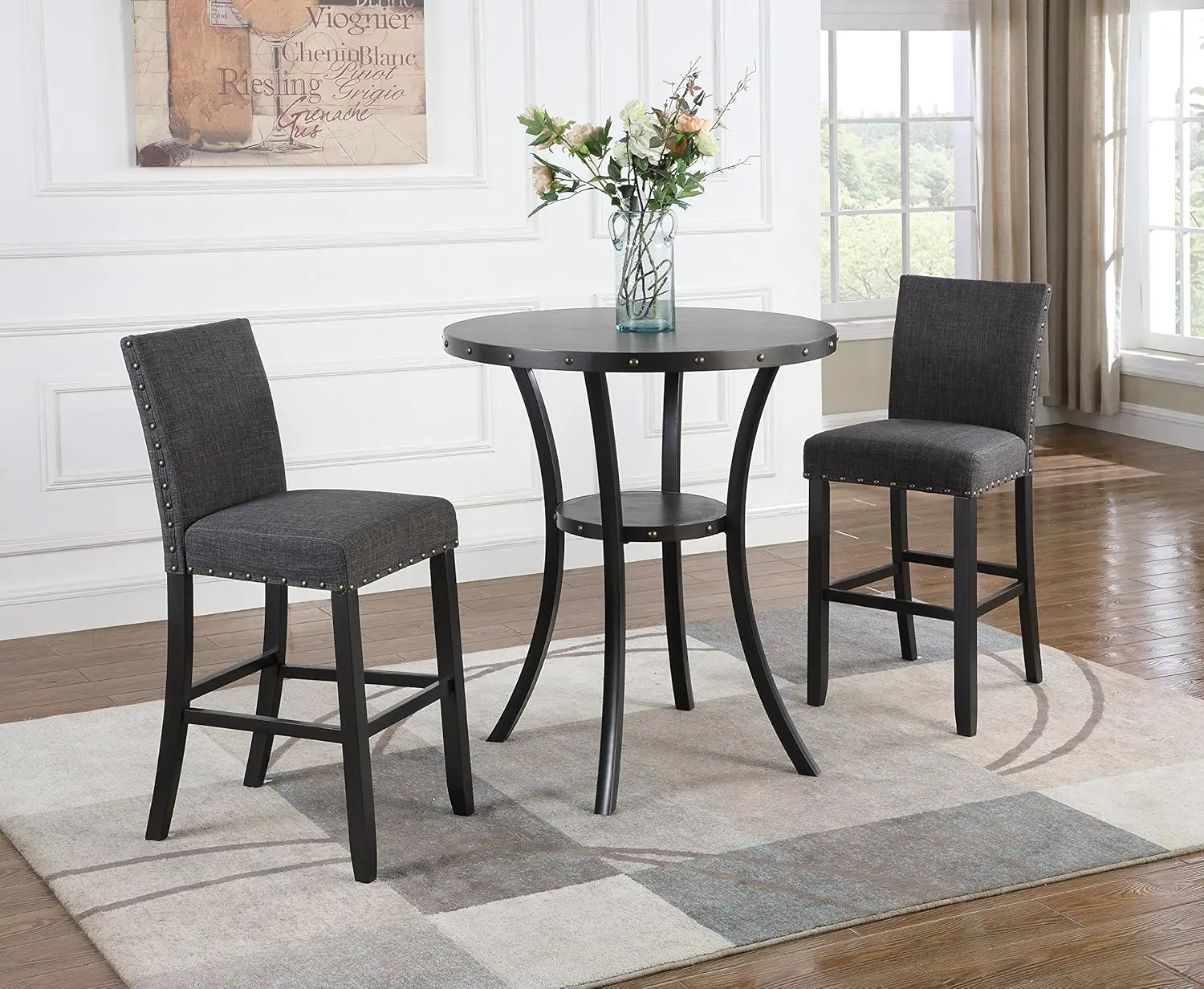 Furniture Biony 3-Piece Round Espresso Bar Table with Nail Head Stools, Gray