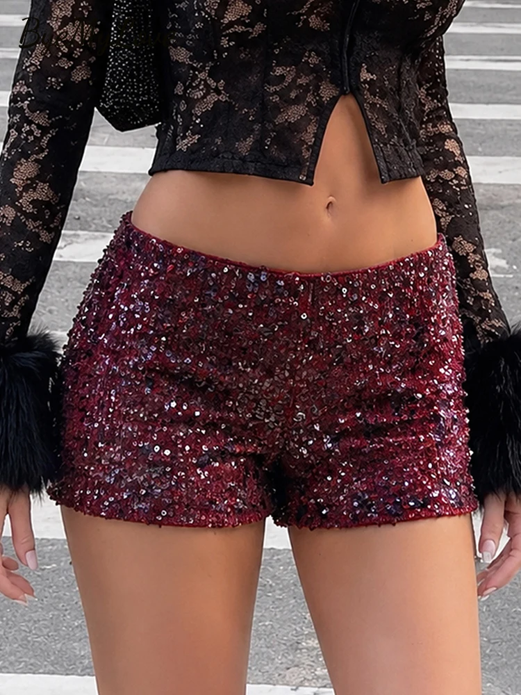 Women Burgundy Sequin Shorts High Waist Sparkly Glitter Straight Short Slim Fit Party Nightclub Bottoms Rave Festival Outfit
