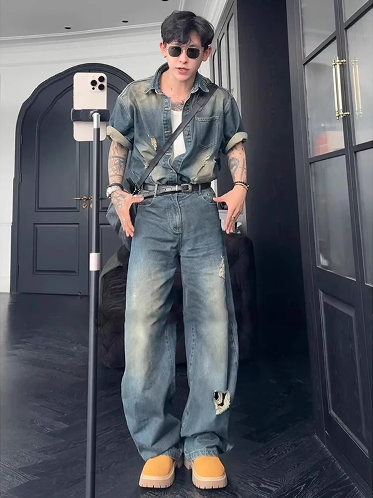 

American Retro Hole Denim ort Sve irt Men Cool Haome Set Summer Whole Blade Jeans Faionable Youth Clothing Set