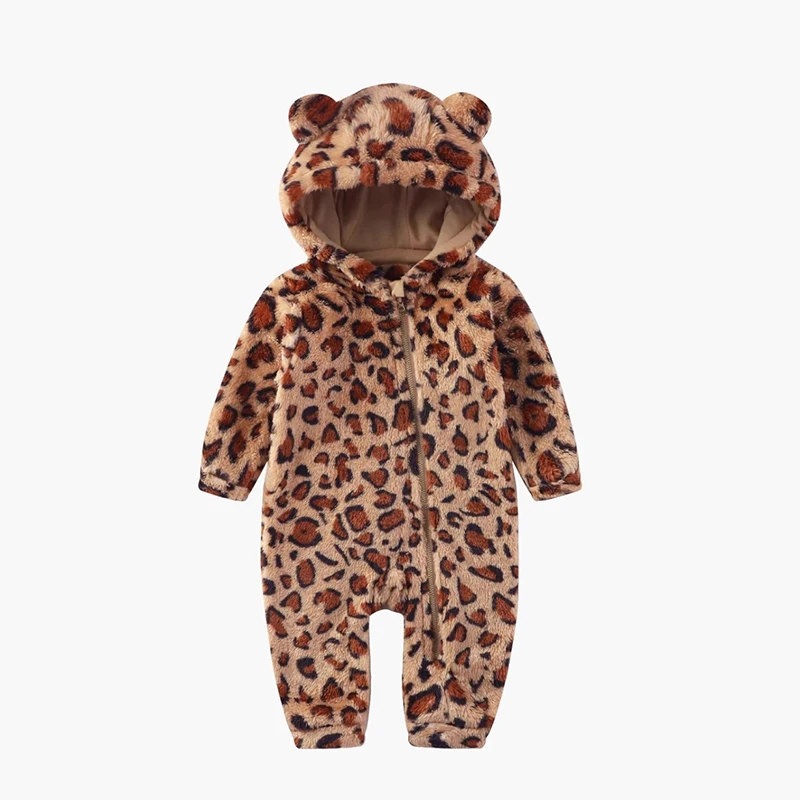 

2025 плюшевый комбинезон с леопардовым принтом для новорожденных, От 0 до 12 лет, зимний теплый комбинезон для маленьких мальчиков и девочек с капюшоном и дизайном ног с медвежьими ушками