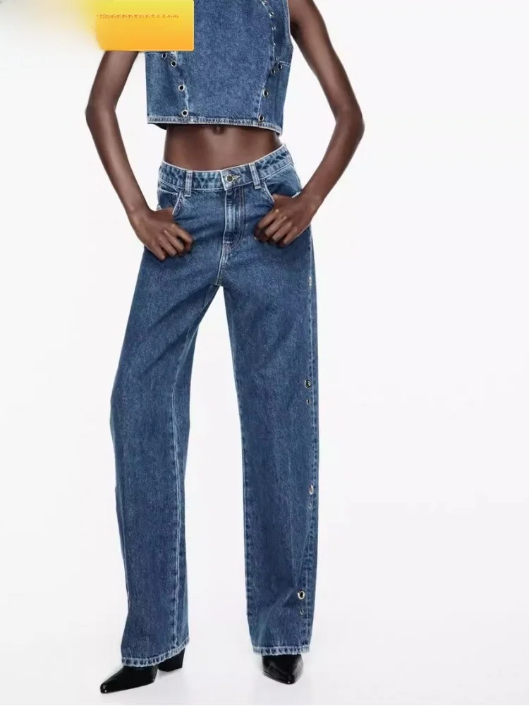 

High Waist Straight Leg Denim Jeans Women's Faion Autumn New Arrival Ring Decorated 586267 427 l Waist Waed Long P...