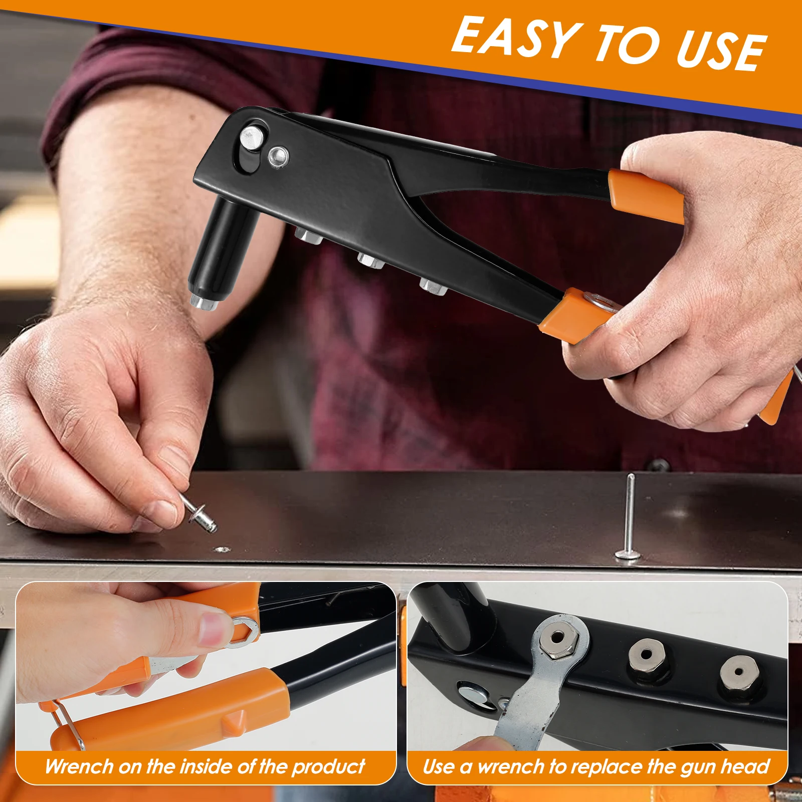 Hand Riveter Professional Metal Rivet Tool with 120 Rivets Manual Extended Head Rivetr Tool With 2.4/3.2/4.0/4.8mm Nozzles