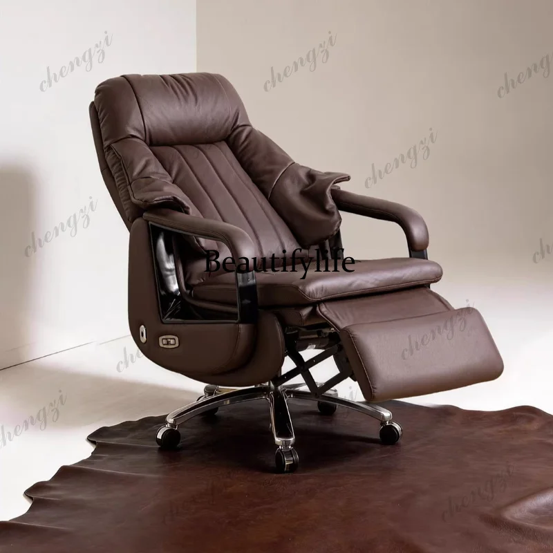 Premium Genuine Leather Executive Office Chair - Reclining Computer Desk Chair for Daytime Work Afternoon Rest Furniture