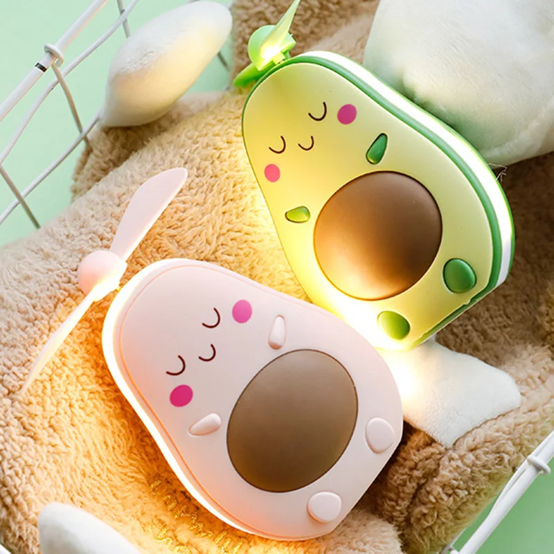BTCL Mini espejo de maquillaje LED y ventilador 2 en 1 ventilador de mano con carga USB portátil práctico en forma de aguacate lindo integrado